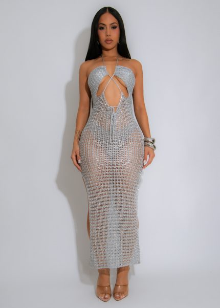 Absolutely Crochet Metallic Maxi Dress Silver