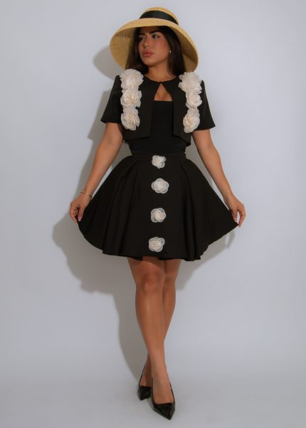 Rosette Reign Floral Skirt Set Black