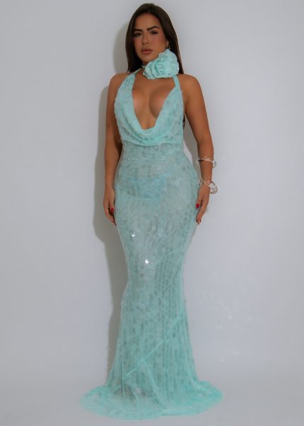 Ocean Siren Sequin Floral Mesh Maxi Dress Green