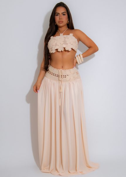 Petal Daze Crochet Floral Skirt Set Nude
