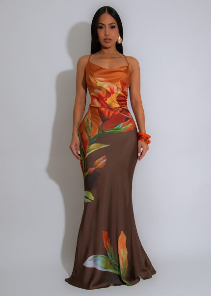 Poetic Love Floral Satin Maxi Dress Brown