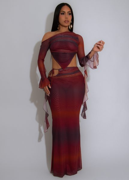 Twilight Heat Ruched Mesh Skirt Set Brown