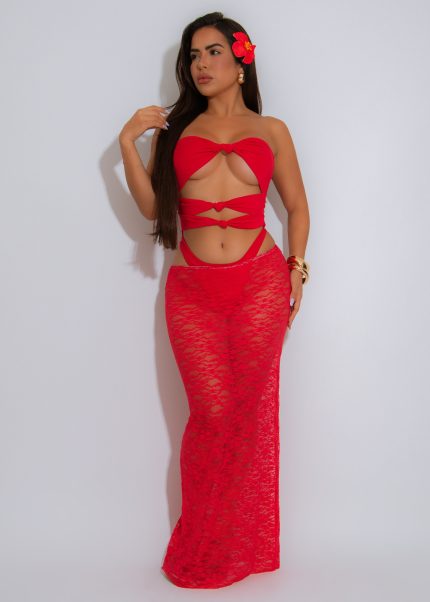 Tangled Temptation Lace Floral Skirt Set Red