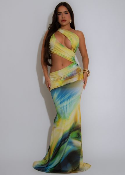 Painted Skies Ruched Maxi Dress Green