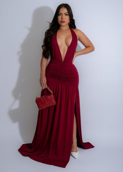 Nocturnal Flow Ruched Maxi Dress Burgundy