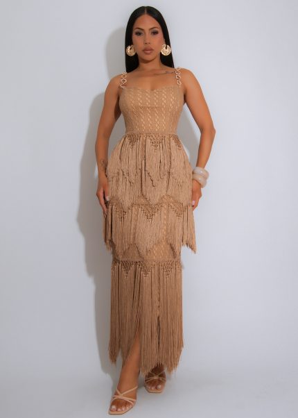 Boho Mirage Crochet Maxi Dress Brown