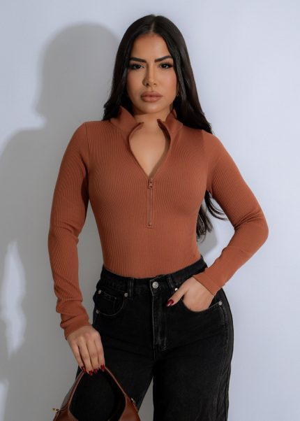 Contour Zip Ribbed Bodysuit Brown