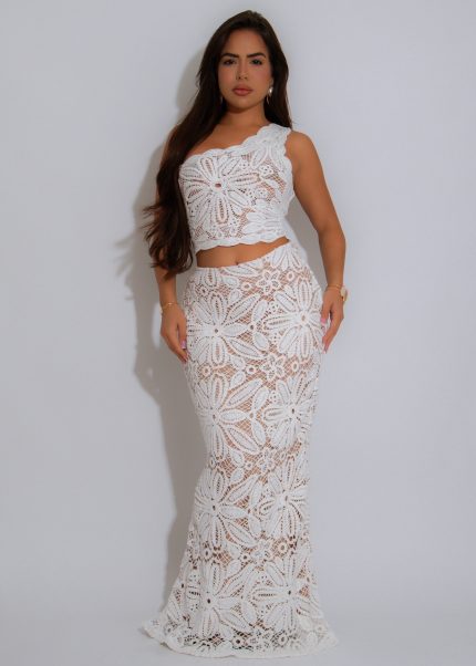 Petal Muse Crochet Floral Skirt Set White